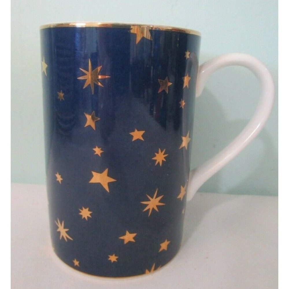 Galaxy by Sakura Mug 14kt Gold Stars on Dark Blue Fine Porcelain Indonesia EUC